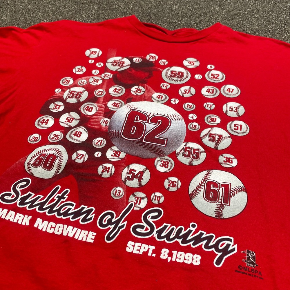 Vintage Starter Mark McGwire 62 Sultan of Swing T-Shirt Red Boxy XL 1998 MLBPA - Picture 1 of 7